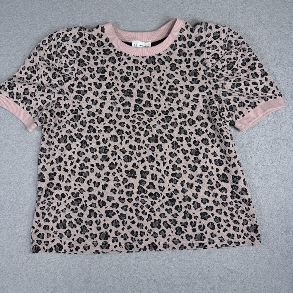 Entro Women's Medium Pink Black Leopard Print Puff Sleeve Textured Top Blouse